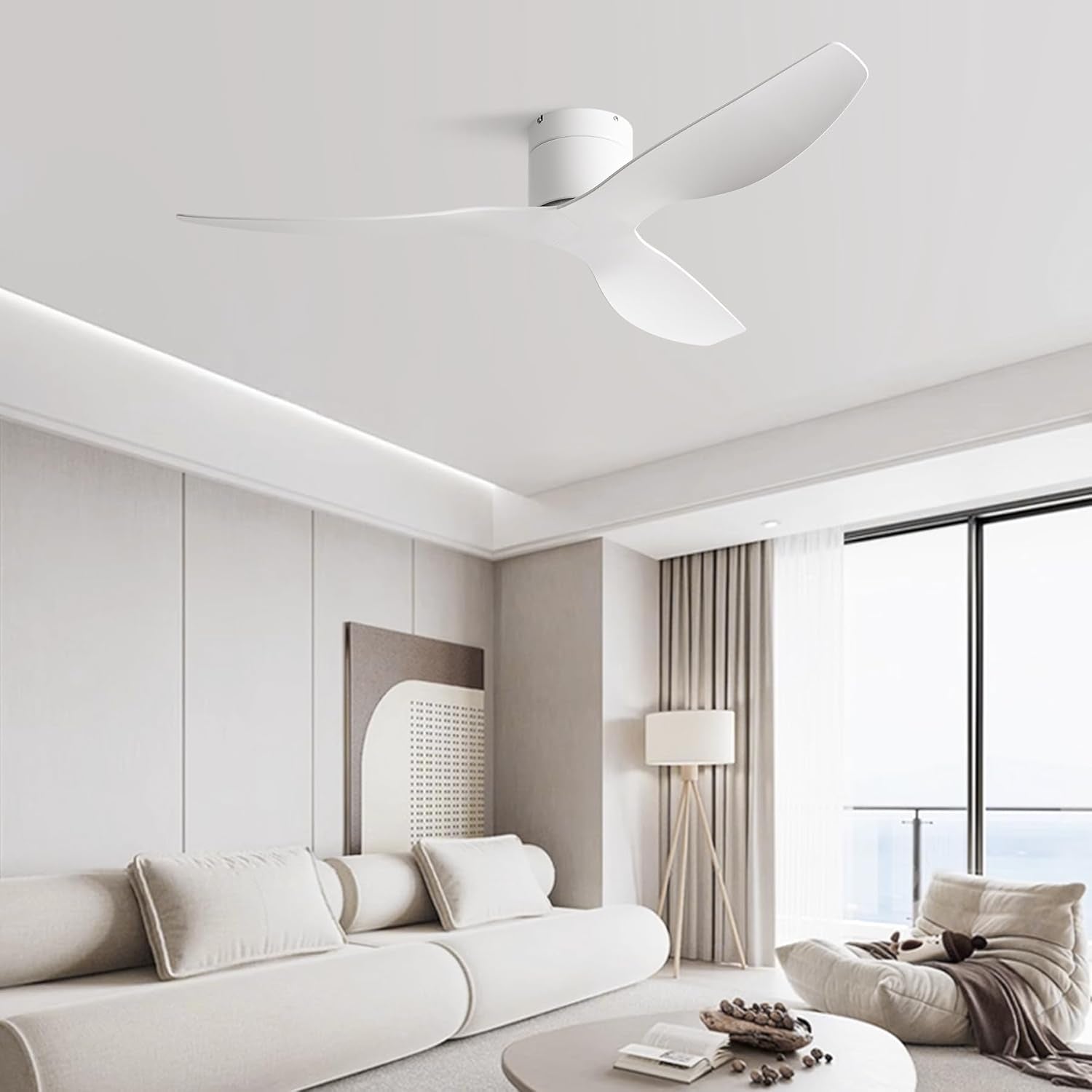 52-Inch White Ceiling Fan without Light, Modern Low-Profile Flush Mount Fan with Remote, 6-Speed Reversible Quiet DC Motor,For Balcony, Living Room, Bedroom (No Light)