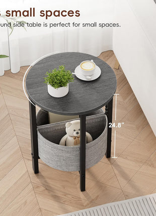 Set of 2 Contemporary Half Moon Accent Tables with Storage Basket, Small Round Side Tables for Living Room and Bedroom in Gray Walnut