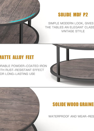 36-Inch Round Coffee Table for Living Room, Two-Tier Rustic Wood Design with Storage Shelf, Modern Home Furniture in Light Walnut