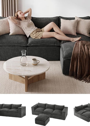 Stylish 101" Modular Cloud Sofa with Ottoman - L-Shaped Boneless Sectional Couch for Living Room, No Assembly Required, Dark Grey