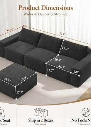 114" Modular Boneless Sofa: Modern 3-Seat Sectional with Ottoman, Deep Seats, and Convertible Chenille, Dark Grey - No Assembly Required