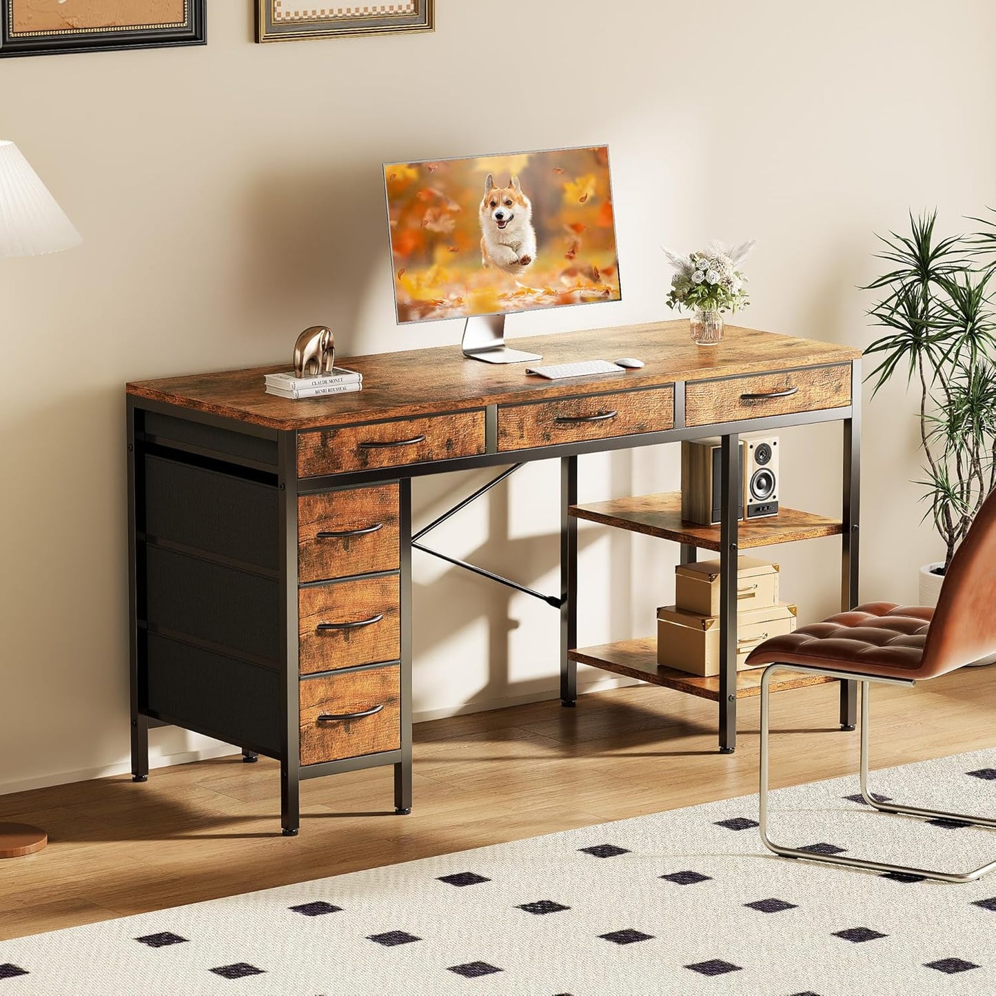 55" Computer Desk with 6 Drawers, Home Office Gaming Desks with Storage Shelves for Bedroom, Writing Study Corner Living Room Work Table Rustic Brown