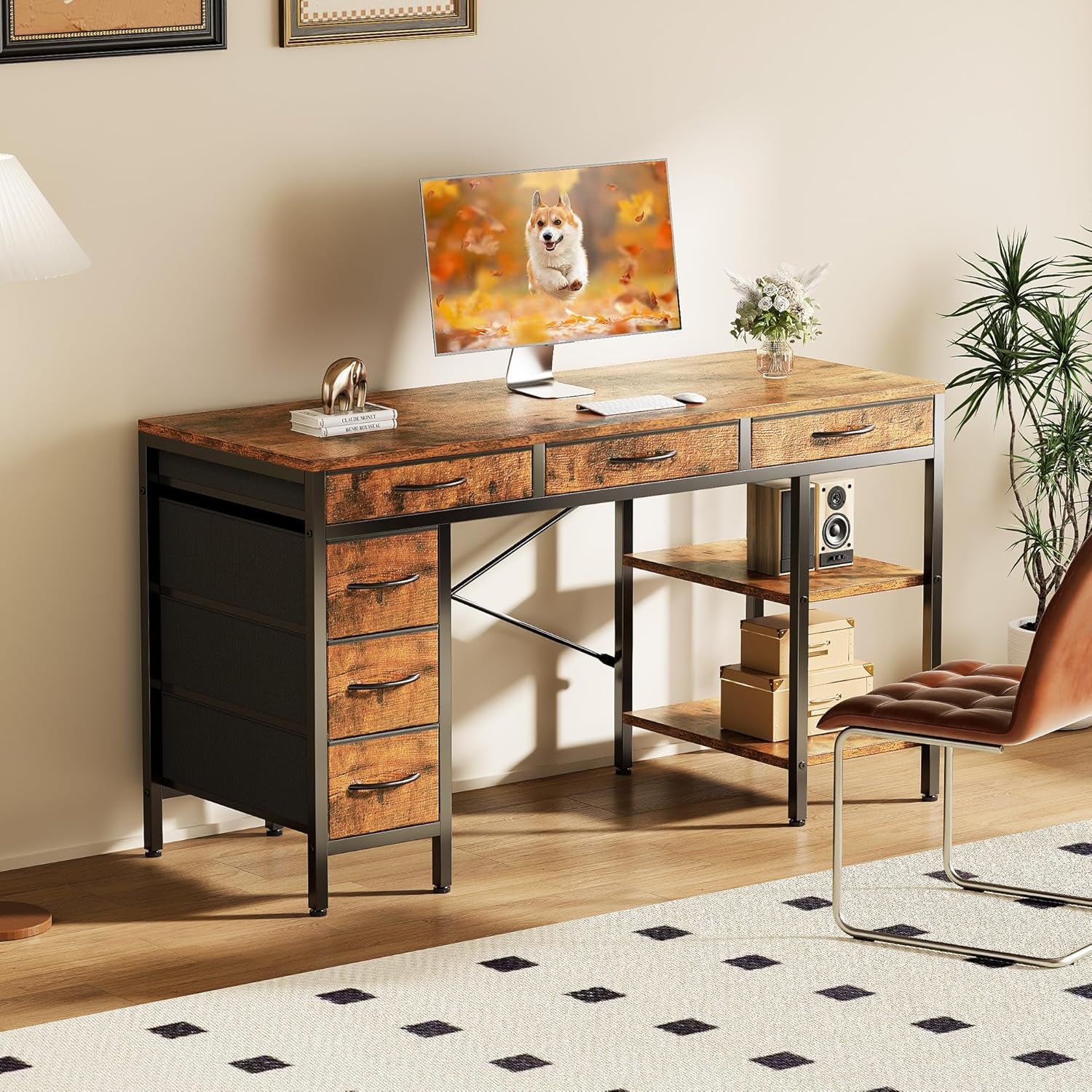 55" Computer Desk with 6 Drawers, Home Office Gaming Desks with Storage Shelves for Bedroom, Writing Study Corner Living Room Work Table Rustic Brown