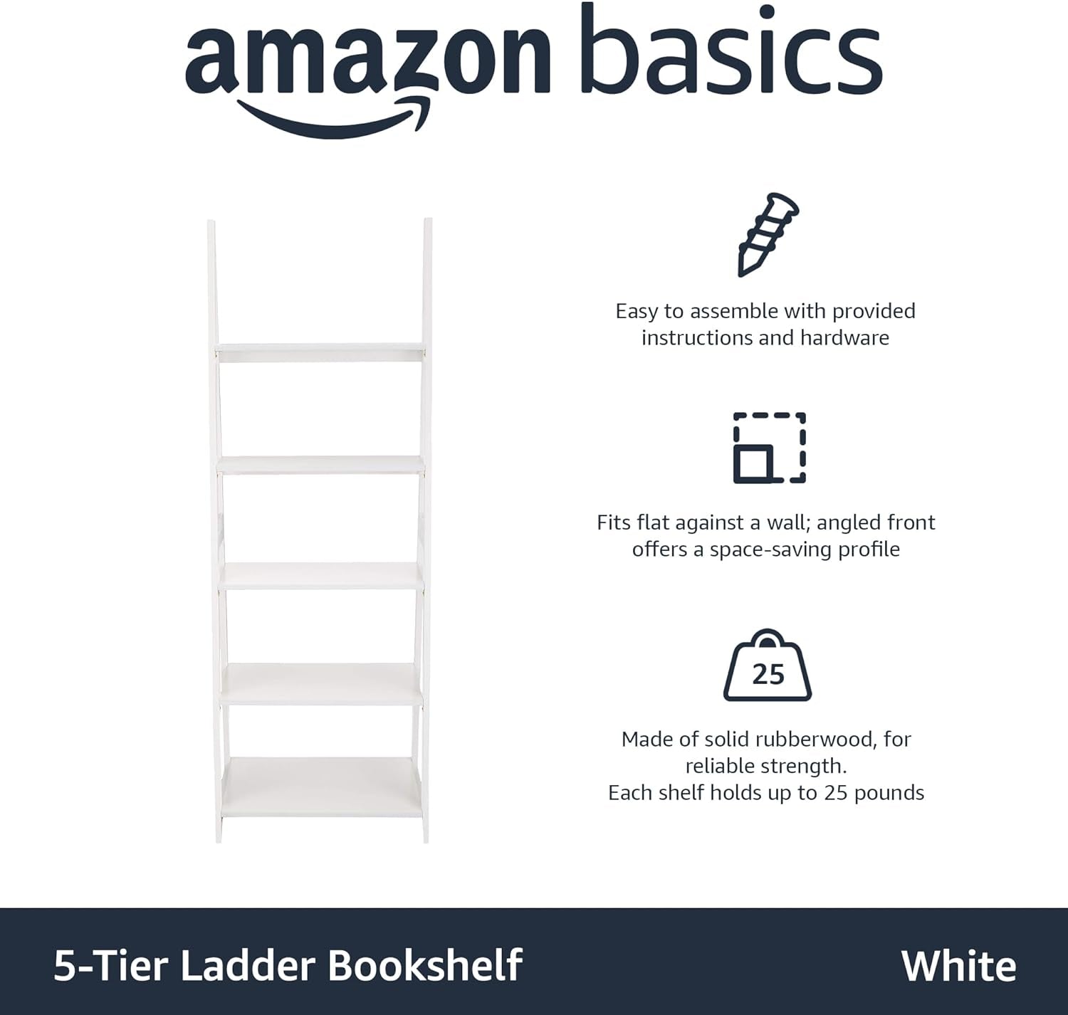 Ladder Bookshelf Organizer, 5-Tier, Solid Rubberwood Frame, White Finish, 14D X 24.8W X 70.1H In