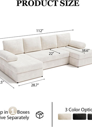 112-Inch U-Shaped Sectional Sofa | Contemporary Cloud Couch with Double Chaise | Four-Seater Corduroy Sofa for Apartments | Warm White | Durable Iron Frame with Squeak-Free Design | Supports up to 1200 lbs