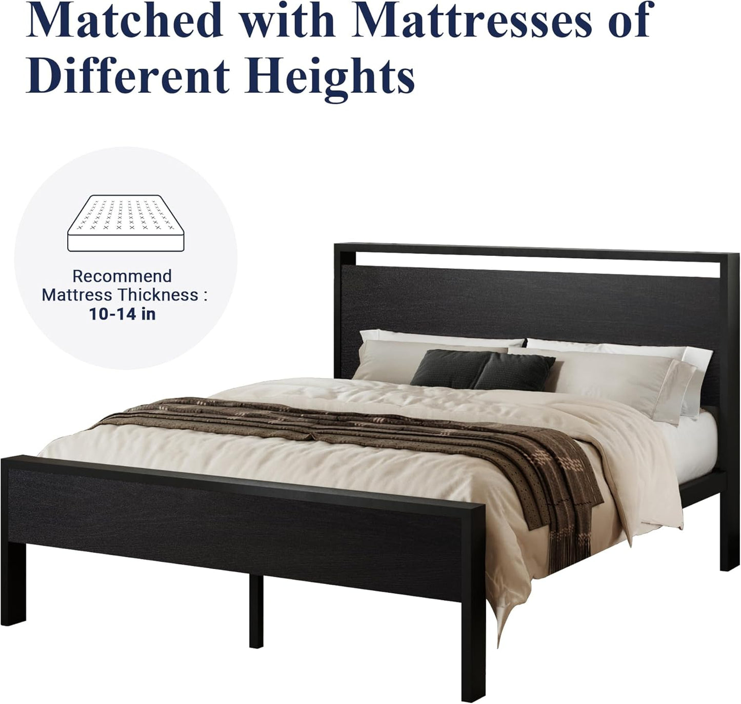 Queen Size Platform Bed Frame with Wooden Headboard and Footboard, Heavy Duty 12 Metal Slats Support, No Box Spring Needed, Under-Bed Storage, Noise Free, Easy Assembly, Black Oak