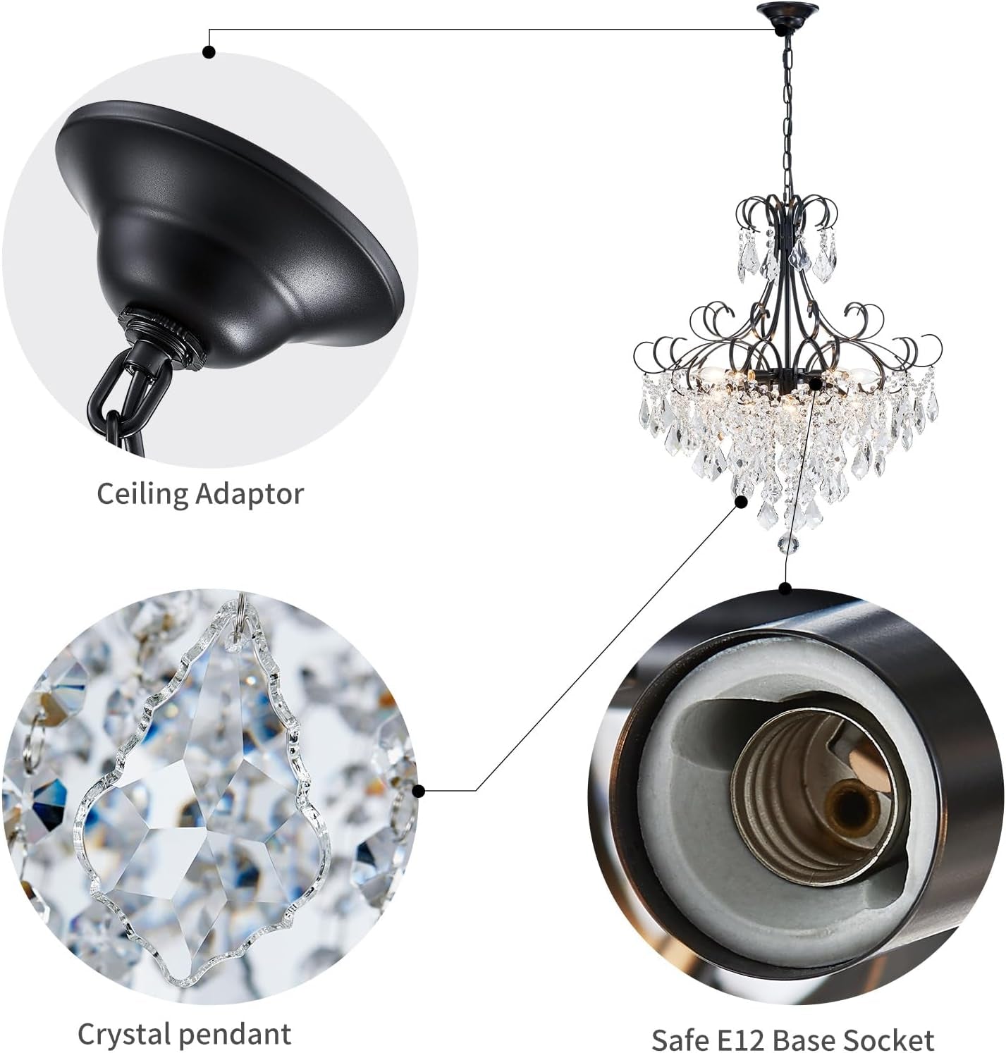 Crystal Chandelier 10-Light Pendant Ceiling Light Modern Lighting Fixture for Dining Room Hallway Bedroom Kitchen Bathroom, H 27.6" X W 22.8", E12 Base, Black