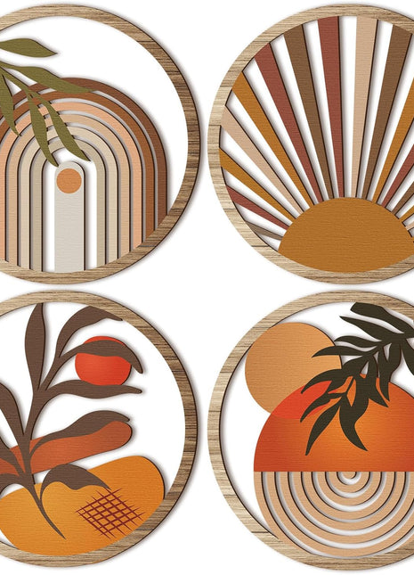 Set of 4 Bohemian Wooden Round Wall Art - Hollow Out Hanging Decor for Bedroom, Living Room, Bathroom, and Patio - 10-Inch Aesthetic Gift