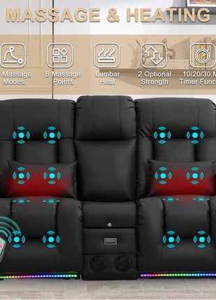 Power Reclining Loveseat Sofa with Massage and Heat Features, Space-Saving Wall Hugger Design, Ideal for Home Theater and Living Room (Black, 67", 2 Seats) | Zero Gravity Recline, Full-Body Vibration, Lumbar Heating, USB Charging Ports, Cup Holders, and Storage Compartment