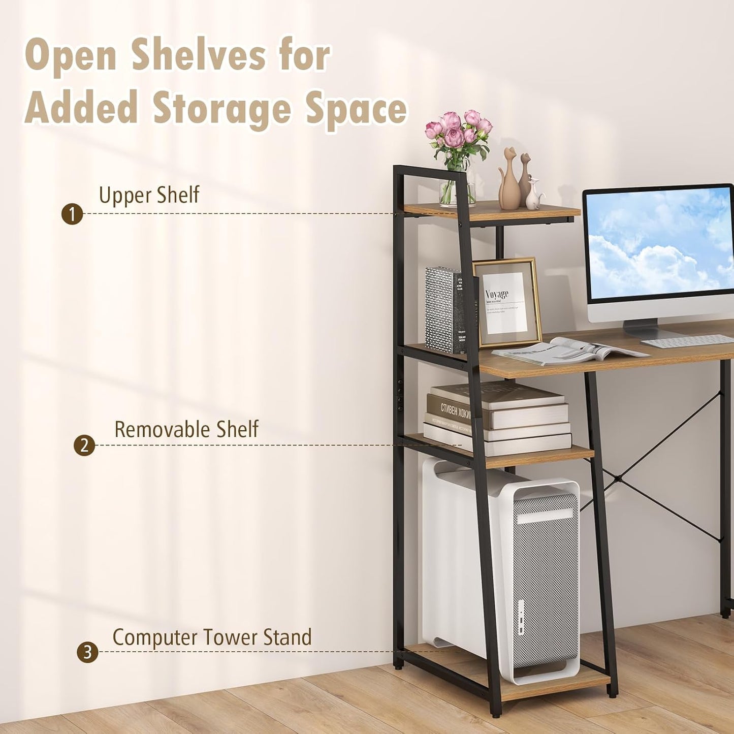 Computer Desk with 4-Tier Storage Shelves, Home Office Desk Writing Table with Sturdy X-Shape Frame, Adjustable Foot Pads, Modern Small Study Desk, Wide Tabletop (Natural and Black)