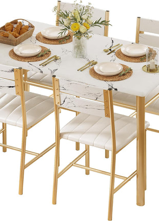 4-Person Wooden Dining Table Set with Upholstered Chairs, Space-Saving Design for Compact Dining Areas, White and Gold Finish