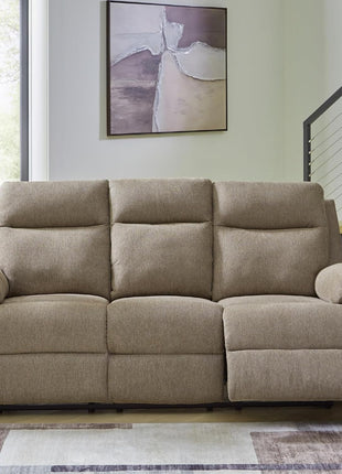 Yarrow Lane Classic Chenille Manual Reclining Sofa with Drop-Down Table and USB Charging, Light Brown by Signature Design by Ashley