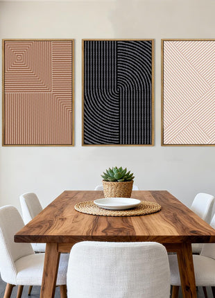 Neutral Abstract Modern Canvas Wall Art Set of 3 - Framed Black, White, and Beige Decor for Boho Minimalist Aesthetics, Geometric Line Paintings for Living Room, Bedroom, and Office - 16x24 Inches