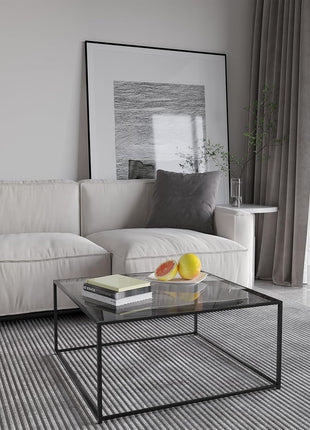 Contemporary Square Glass Coffee Table for Living Room - Tempered Glass Surface with Durable Metal Frame, Perfect for Compact Spaces, Easy Assembly, 26.4 x 26.4 x 15.7 Inches, Gray and Black