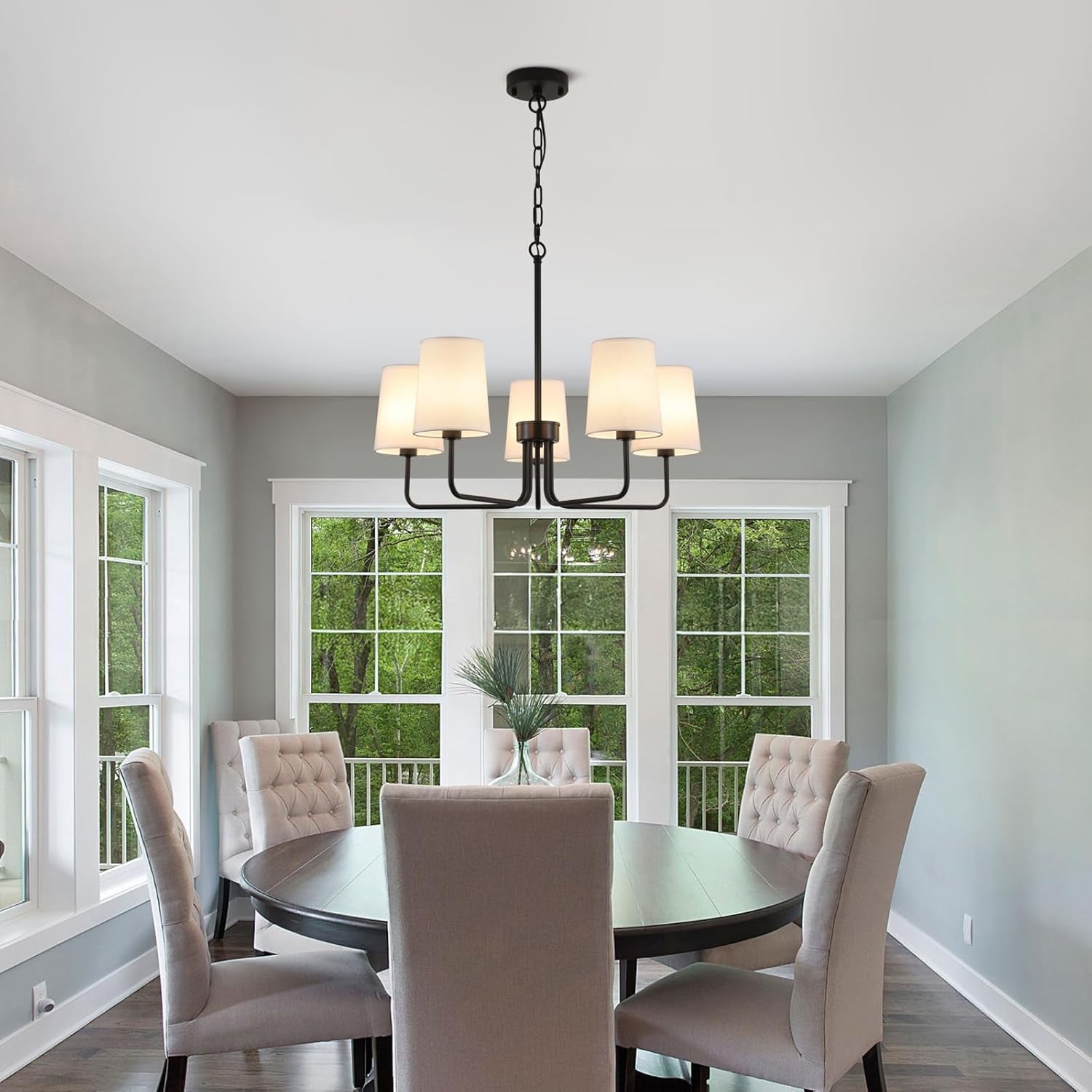 Farmhouse Chandelier, Matte Black with White Fabric Shade, Farmhouse Linear Island Lighting Fixture for Kitchen, Dining Room (5-Light Matte Black with Fabric Shades)