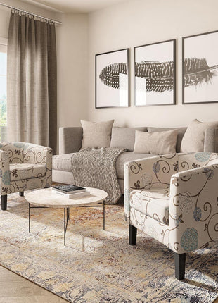 Highland Floral Print Linen Round Accent Barrel Chair - Elegant Club Tub Sofa for Living Room and Bedroom with Flared Legs and Plush Padding
