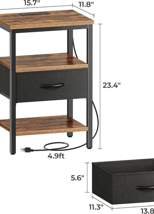 Rustic Brown and Black Nightstand with Integrated Charging Station, Adjustable Fabric Drawer, and 3-Tier Storage for Bedroom and Living Room