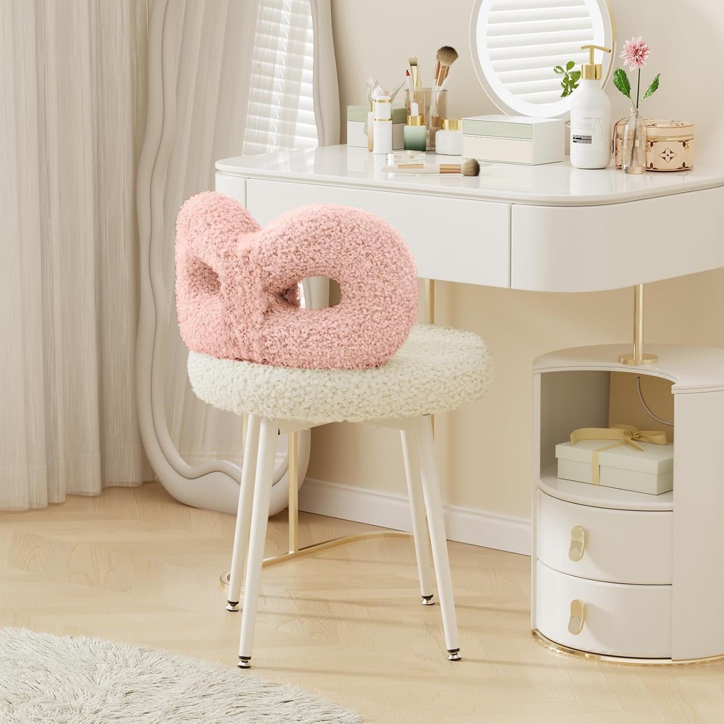 Swivel Vanity Chair with Back, Upholstered Desk Chair for Girls, Modern Makeup Vanity for Bedroom, Living Room (Pink and Off-White)