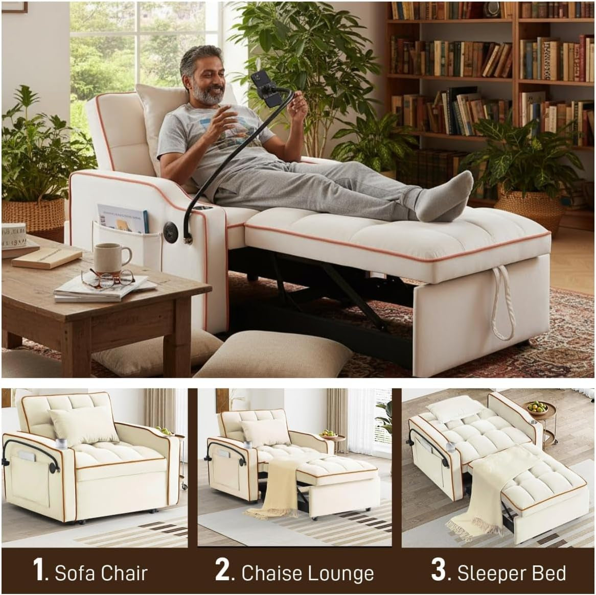 Convertible Sleeper Chair, Pull Out Chair Sleeper with Bracket and Cup Holder, Chairs Bed Sleepers for Adults, 3 in 1 Sofa Bed Chairs for Small Spaces, Living Room, Creamy White
