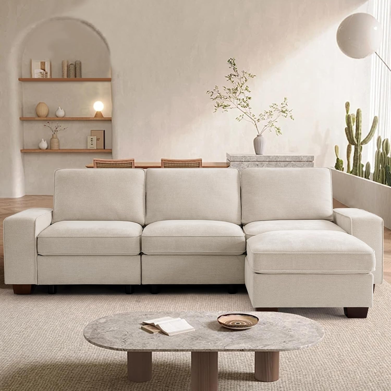 100" Modular Sectional Sofa with Seats Storage, L Shaped Couch with Movable Ottoman for Living Room, Couch with Chaise, Solid Wood Frame, Spring Cushions, USB Port, Removable Covers, Beige | Seats Storage, Movable Ottoman, Flexible Modularsofa