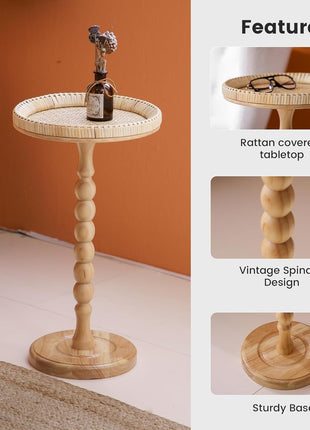 Rattan Round Small Side Table for Compact Spaces - Bohemian Circle End Table with Solid Wood Legs for Living Room and Bedroom Corners
