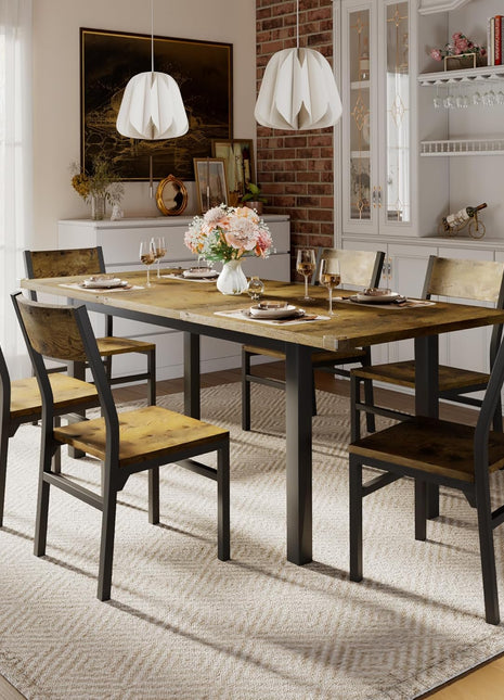 7-Piece Extendable Dining Set for 4-6 with 63" Kitchen Table and 6 Chairs, MDF and Metal Frame, Perfect for Compact Spaces, Easy Assembly, Rustic Brown Finish