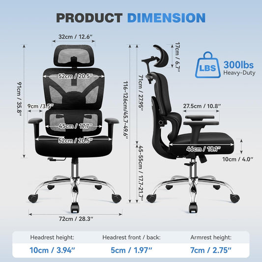 Ergonomic Office Desk Chair, High Back Mesh Office Chair with Adjustable Lumbar Support, 3D Headrest, Big and Tall Home Computer Desk Chairs Comfy for Work, Gaming, 300Lbs, Black