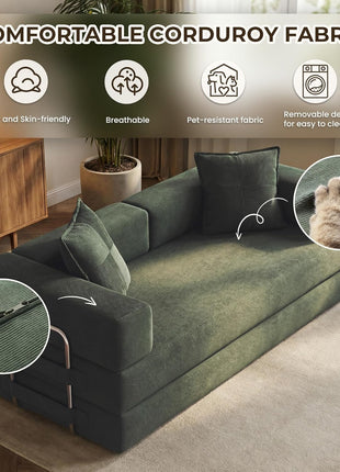 5-in-1 Convertible Green Sofa Bed with Removable Corduroy Cover and High-Density Foam, Includes 2 Pillows – Ideal for Living Room and Bedroom, No Assembly Required