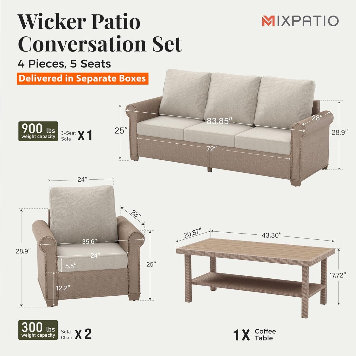 Patio Furniture Set 4 Pcs, Wicker Outdoor Patio Furniture, 3-Seat Sofa, 2 Single Chairs and Coffee Table, Rattan Patio Conversation Set for Backyard Deck, Beige