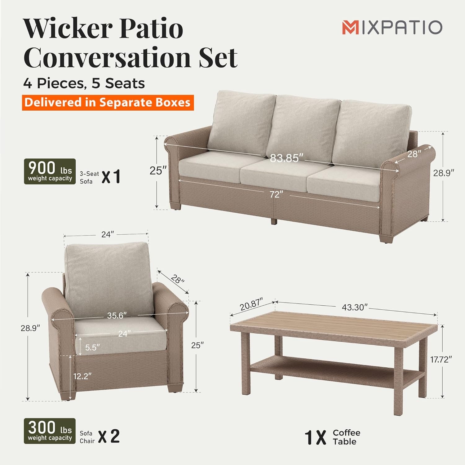 Patio Furniture Set 4 Pcs, Wicker Outdoor Patio Furniture, 3-Seat Sofa, 2 Single Chairs and Coffee Table, Rattan Patio Conversation Set for Backyard Deck, Beige