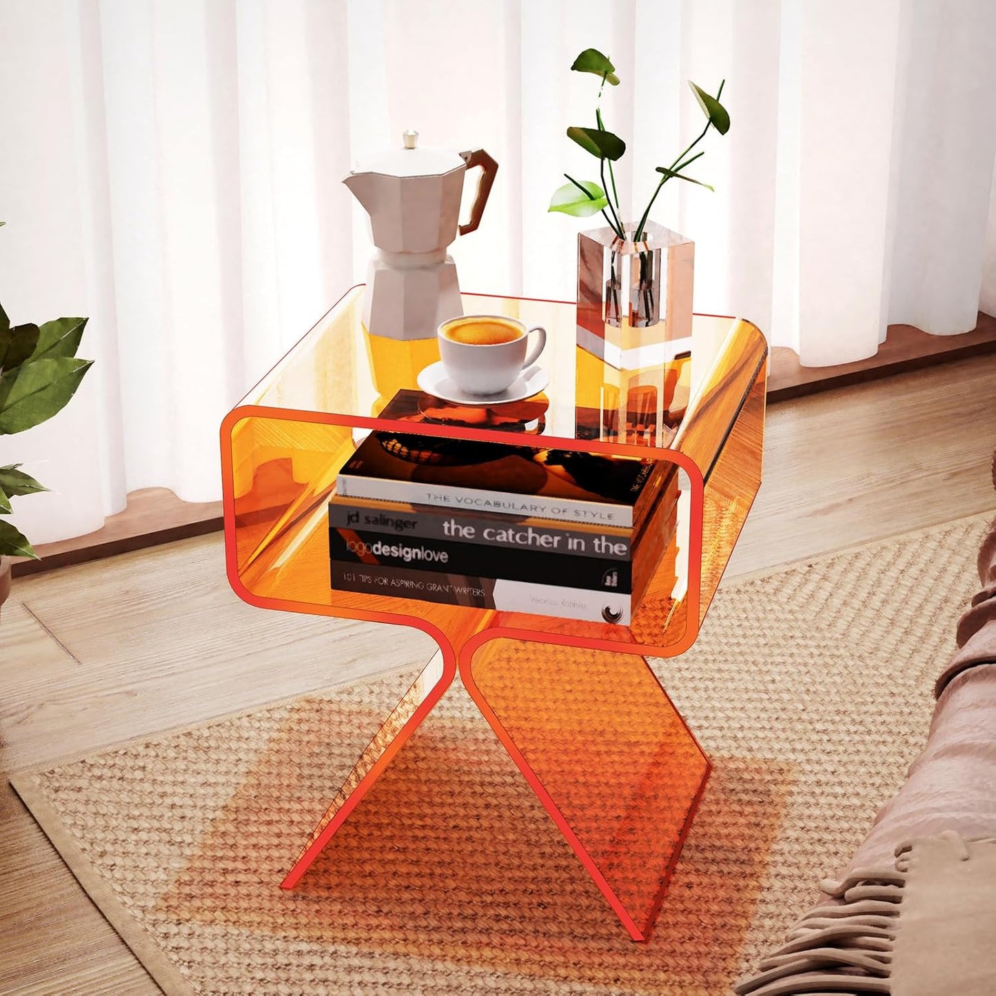 Acrylic Nightstand Side Table Modern Design Clear Home Decor Display End Table for Living Room (Orange)