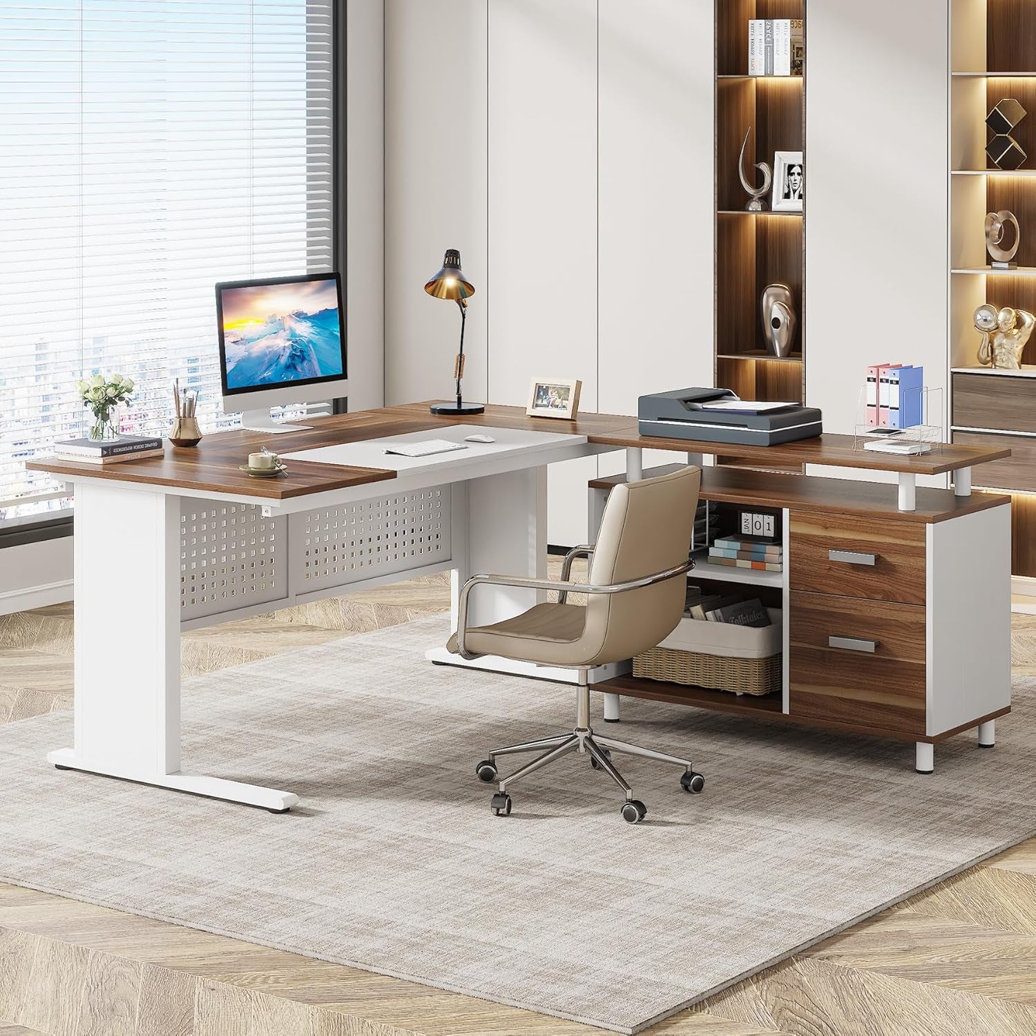 63 Inch Executive Desk with File Cabinet, L Shaped Office Desk with Drawers and Storage Shelves, Business Furniture Set Workstation for Home Office, White and Walnut