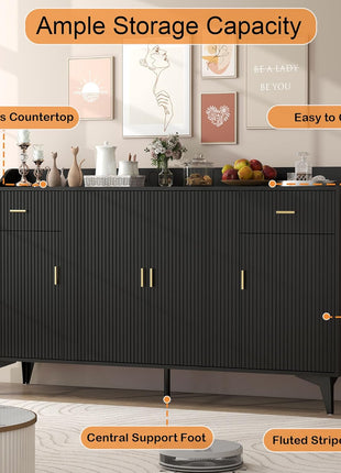 63" Black Fluted Sideboard Buffet Cabinet with Drawers and Storage for Modern Kitchens and Living Rooms