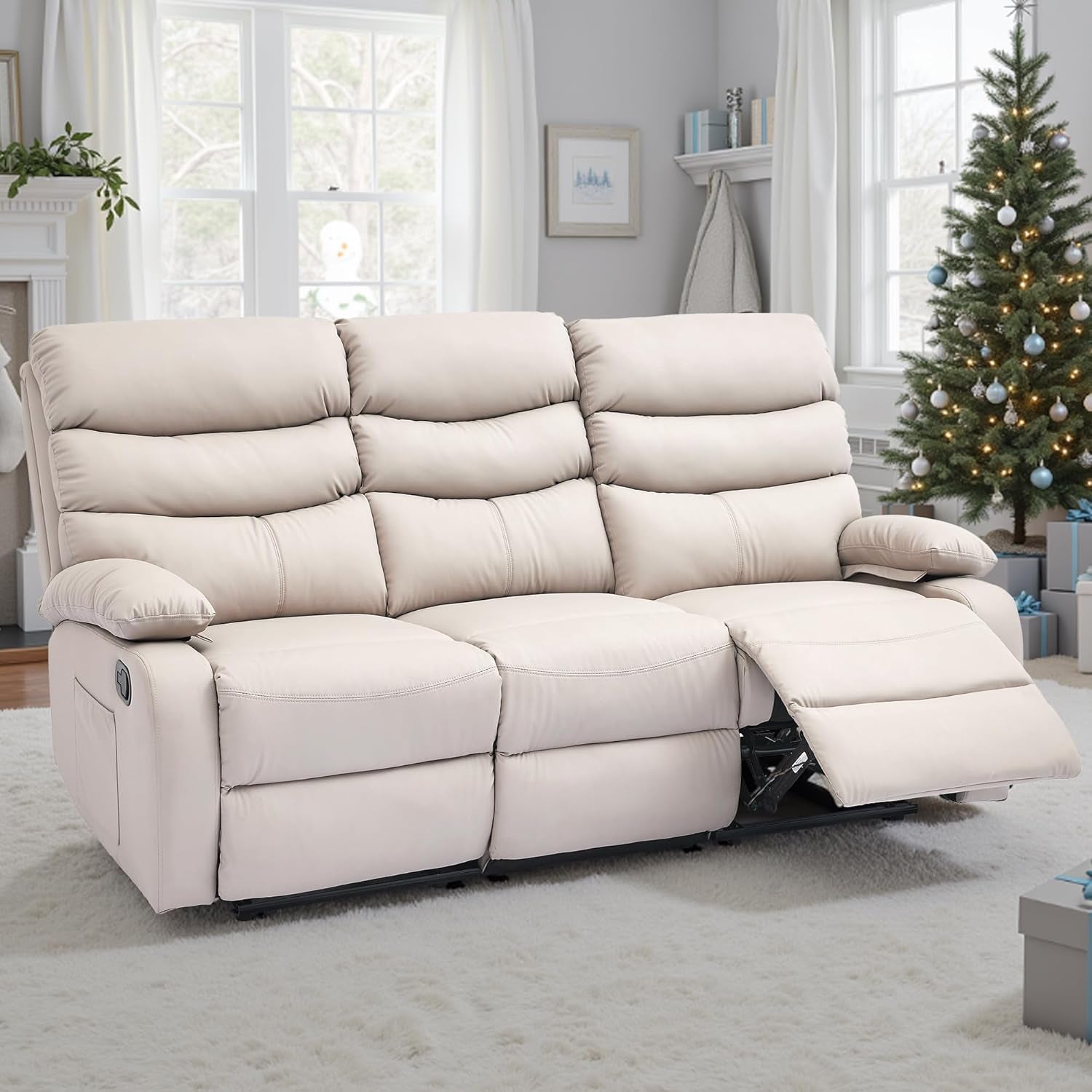 Manual 3 Seat Reclining Sofa Leather 3-Seater Manual Reclining Couch with Overstuffed Arms 3 Seater Couch Recliner Hidden Storage for for Living Room RV Home Theater Apartment Beige