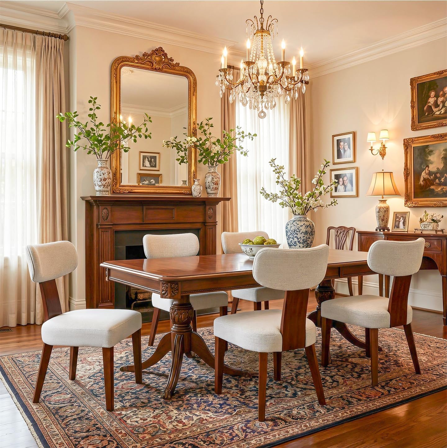 Dining Chairs Set of 4, Mid-Century Modern Upholstered Kitchen Chairs with Curved Backrest and Linen Fabric Seat, Wood Leg Accent Chairs for Dining Room, Living Room, Bedroom, Linen Beige