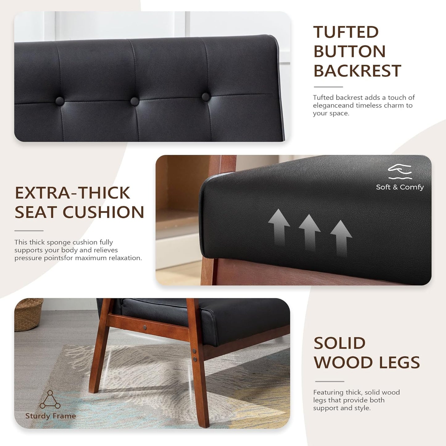 Mid-Century Modern Solid Loveseat Sofa Upholstered Faux Leather Couch 2-Seat Wood Armchair Living Room/Outdoor Lounge Chair, Waiting Room Sofa, 50”W