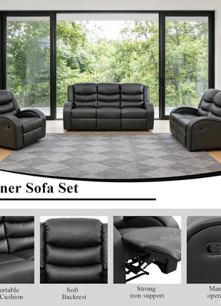 3-Piece Leather Sectional Recliner Sofa Set for Living Room and Office in Deep Black