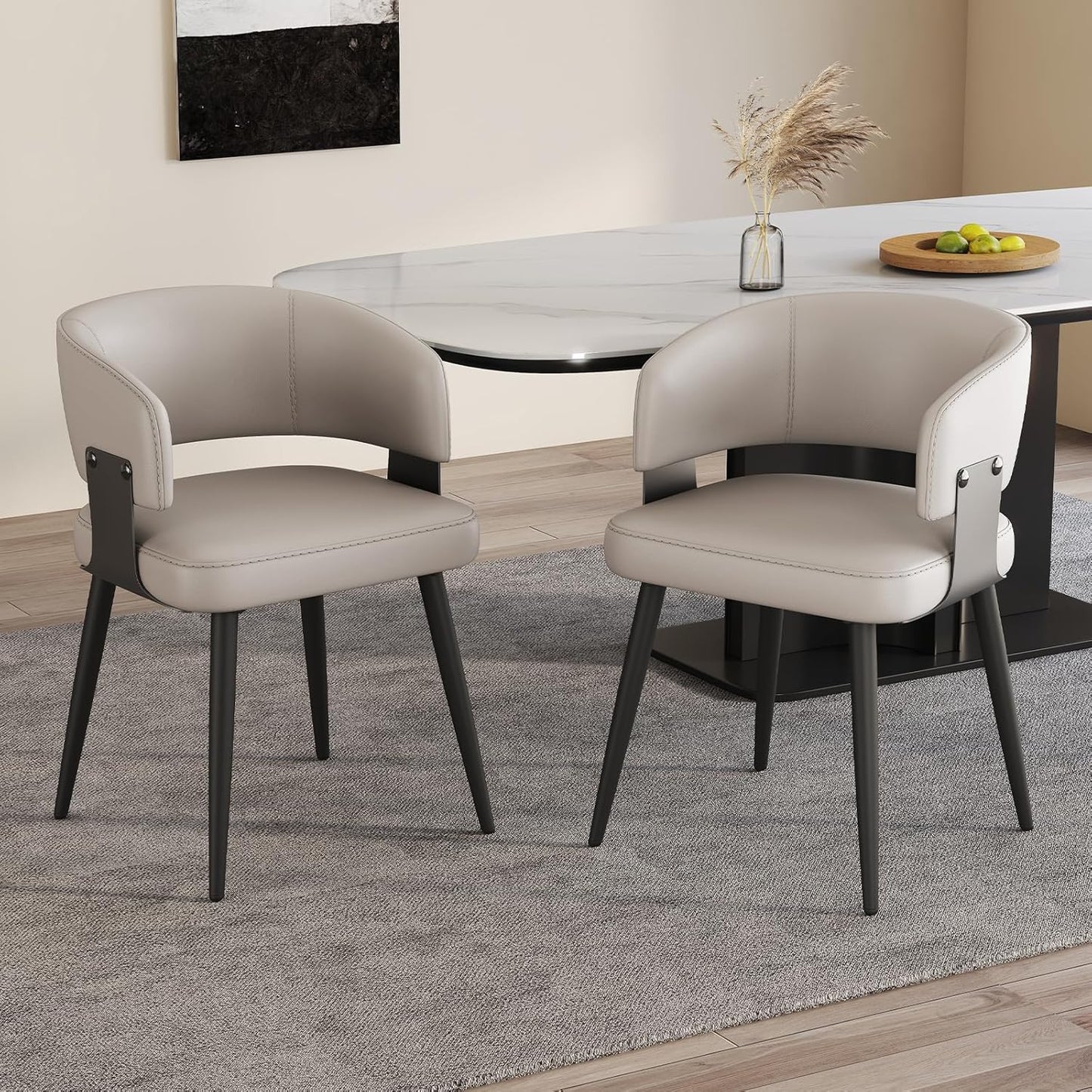 Modern Dining Chairs Set of 2, Upholstered Faux Leather Kitchen Side Chairs with Curved Open Back, Easy Assembly for Dining Room, Restaurant, Cafe, Warm Gray