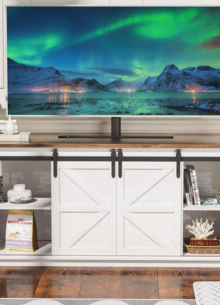 Farmhouse-Inspired TV Stand for Up to 65-Inch Televisions with Sliding Barn Doors and Storage Cabinets, 58-Inch Console Table and Media Furniture in White