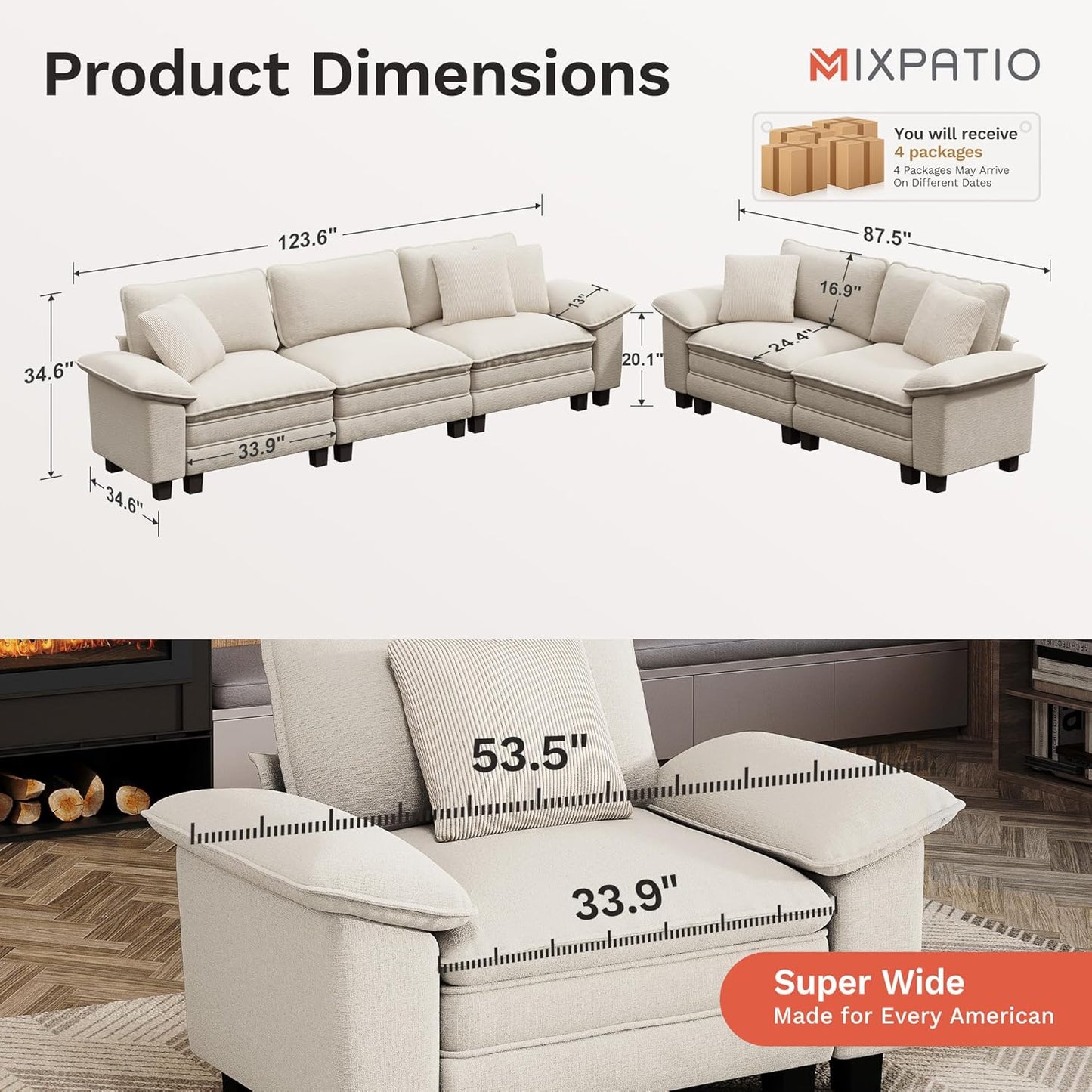 L-Shaped Cloud Modular Sofa Set with Chaise Lounge, 5-Piece Sectional & Deep Seat, Plush Chenille W/Removable Arms for Living Room - Beige