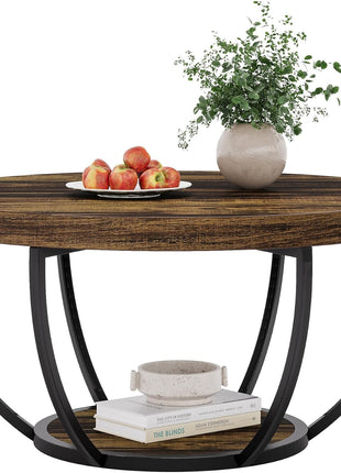 31.7-Inch Round Wooden Coffee Table with Dual-Tier Storage Shelves, Modern Rustic Accent Table for Living Room in Brown Finish