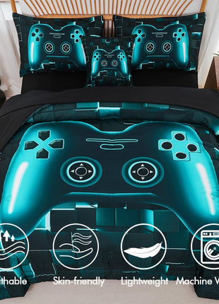 Twin Size 6-Piece Gamer Bedding Set in Teal Blue with 3D Gamepad Design for Boys and Teens
