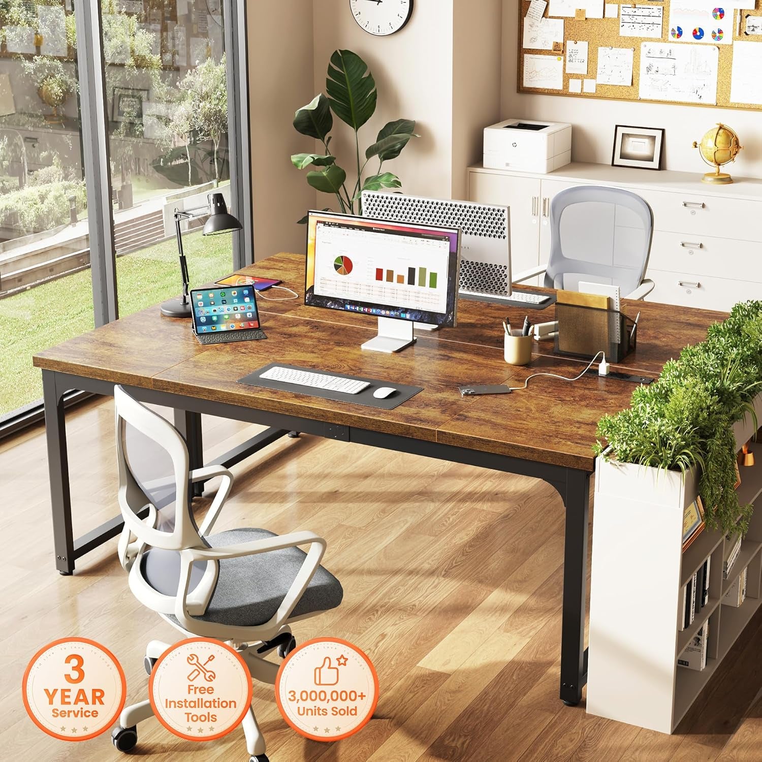 63 X 24 Inch Desk with Power Outlets & USB-C, Deeper & Thicker Desktop, Robust Metal Tubes, Computer Desk, Heavy Duty Office Desk, Work Gaming Desk, for Home Office, Rustic Brown