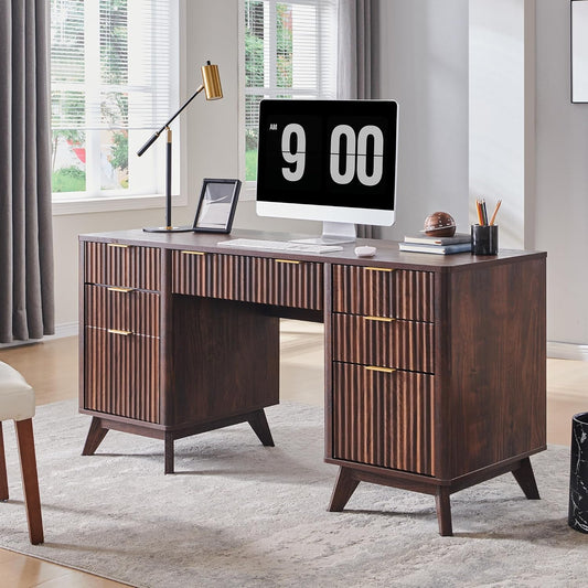 Fluted Executive Desk with Drawers, 60" Modern Home Office Computer Desk with Charging Station, File Cabinet, Keyboard Tray and Storage Cabinet for Study, Living Room, Bedroom, Dark Walnut