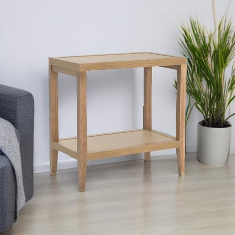 Rattan Night Stand Bedside Table - Farmhouse Boho Narrow End Table for Living Room - Accent Side Table with 2 Rattan Open Storage Shelves for Bedroom, Small Spaces