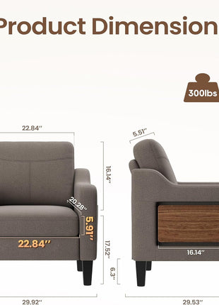 Contemporary Linen Upholstered Accent Chair with Foldable Table and Side Pockets for Living Room and Bedroom