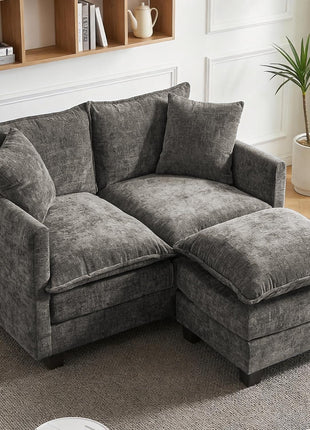Modern Cloud Loveseat Sofa with Ottoman, 52" Chenille Couch featuring 27" Deep Seat and 2 Pillows, Ideal for Small Spaces in Apartment, Studio, Bedroom, and Living Room (Grey)