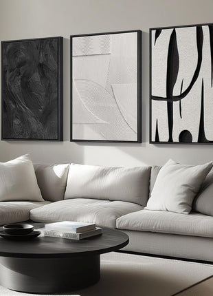 Large Framed Black and White Abstract Canvas Art Set - 3-Piece Modern Wall Decor for Living Room, Minimalist Artwork for Hallway and Office, 24x36 Inches
