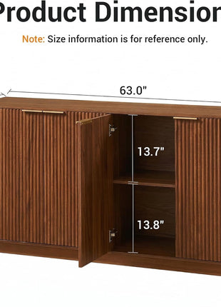 63-Inch Modern Sideboard Buffet Cabinet with Adjustable Shelves, 4-Door Storage Solution for Dining Room, Kitchen, and Entryway in Walnut Finish