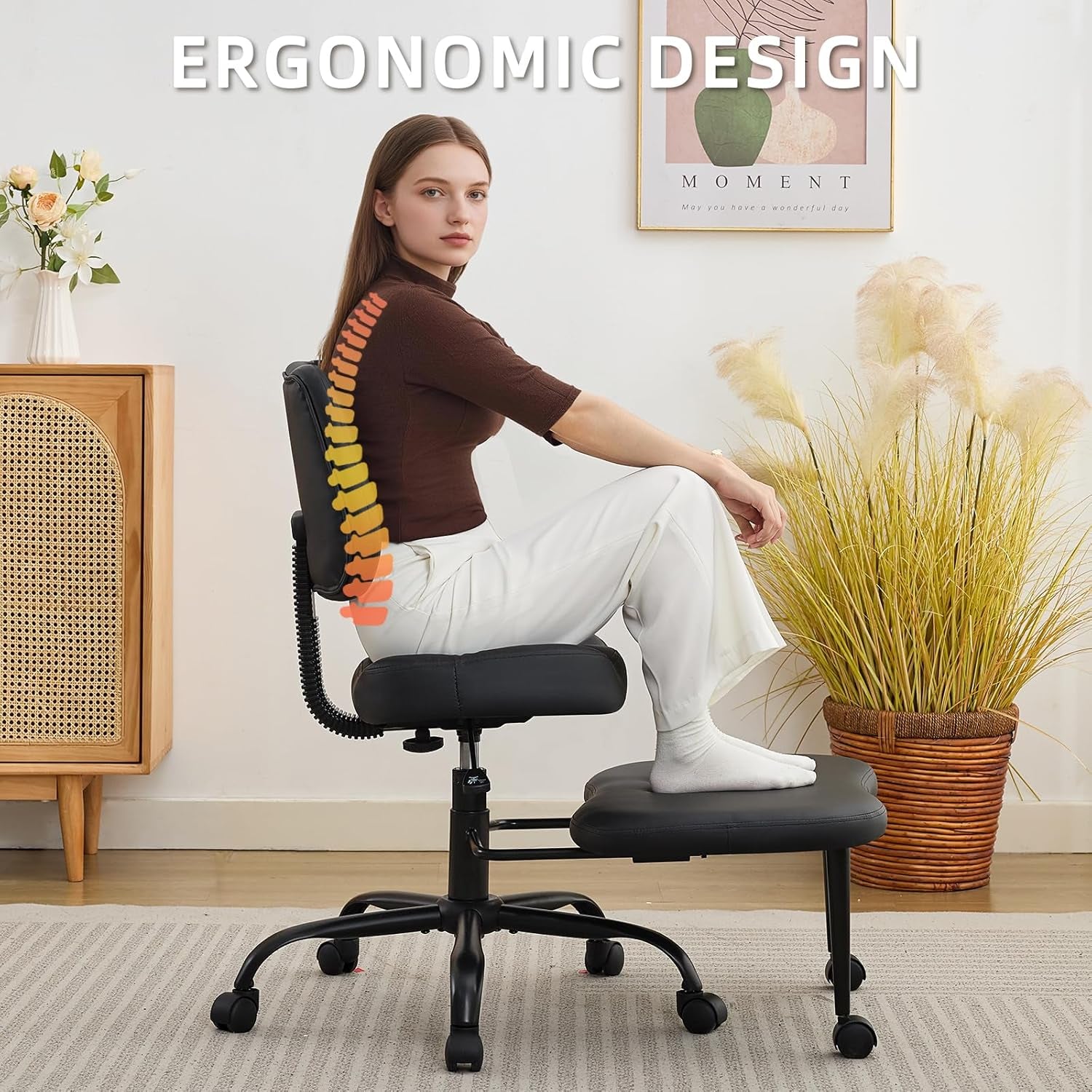 Ergonomic Cross Legged Office Chair, Criss Cross Chair with Wheels, 360°Swivel ADHD Meditation Kneeling Yoga Seat with Adjustable Height, Ergonomic Back Support and Leg Rest, Leather (Black)